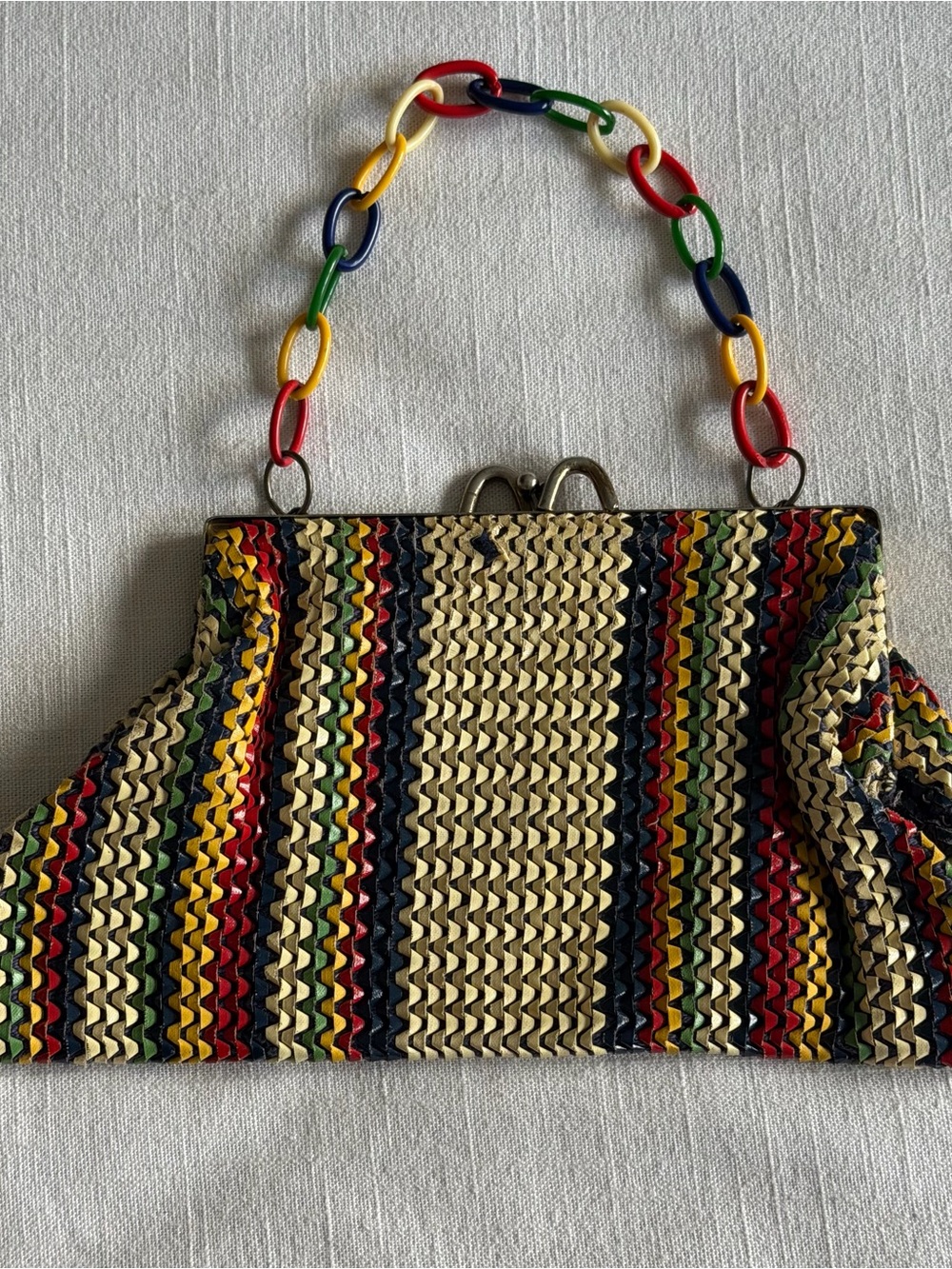 Vtg Top Handle Bag Womens Small Striped Chain Strap Kiss Lock Festival Boho - Picture 2 of 8